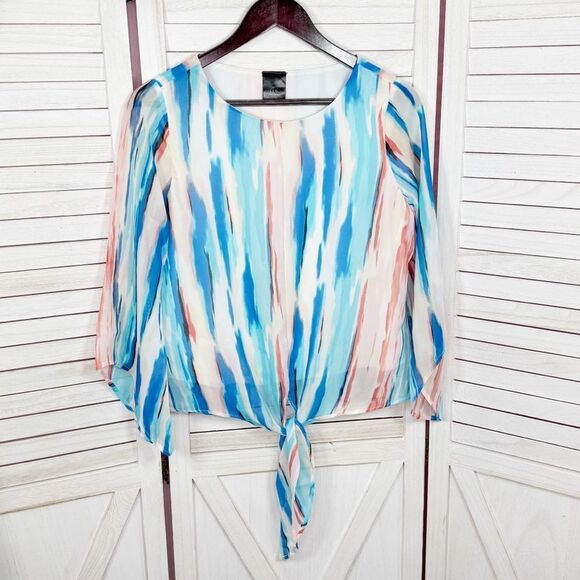 J.T.B. Paint Stroke Print Tie Front Bell Sleeve Blouse White Blue Petite Medium - Picture 8 of 13
